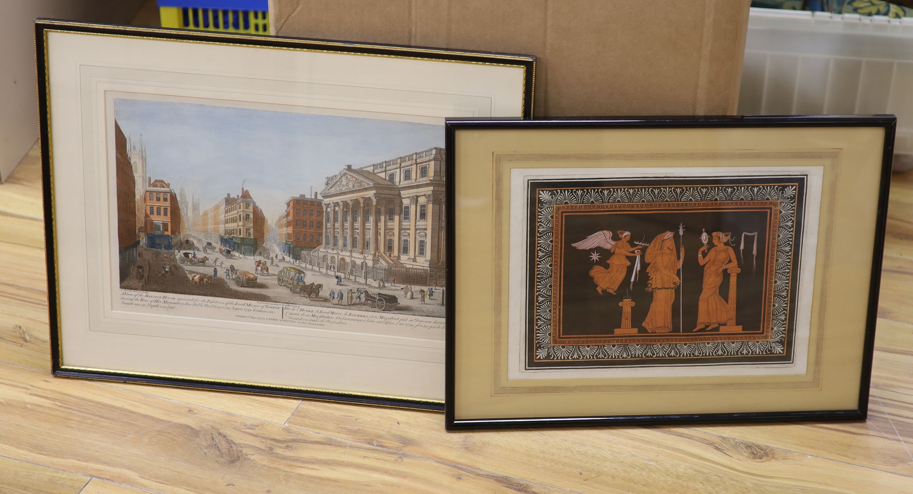 Thomas Bowles, (c.1712-1767), coloured engraving, 'A view of the Mansion House, .. London, appointed for the residence of the Lord Mayor of London', published by Laurie & Whittle, 1794, 26 x 40cm and a coloured aquatint
